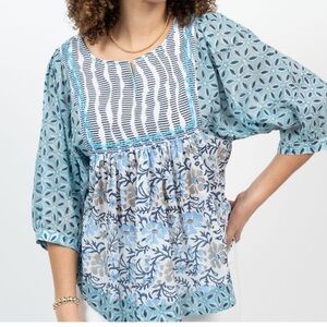 Ivy Jane Boho Mixed Print Navy, White & Turquoises  Blouse, size Medium